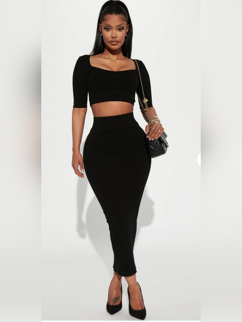 Women's Black High-Waist Ribbed Maxi Skirt